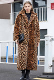 Brązowy Leopard Karbowany Lapel Faux Fur Shearling Płaszcz