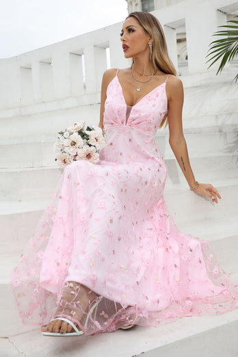 Różowa Cienkich Ramiączkach Sukienki Na Wesele w Kwiaty