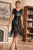Załaduj obraz do przeglądarki galerii, Czarny Szampan Dekolt V Sukienka Flapper z Cekinami
