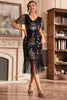 Załaduj obraz do przeglądarki galerii, Czarny Złoty Dekolt V Fringe 1920s Gatsby Sukienka Z Cekinami