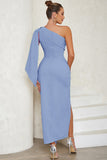 Blue One Shoulder Bodycon Długa sukienka koktajlowa