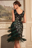 Załaduj obraz do przeglądarki galerii, Błyszcząca Ciemnozielona Cekiny Sukienka Lata 20 z Frędzlami