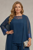 Granatowe 3-częściowe garnitury z długim rękawem plus size – garnitury matki panny młodej
