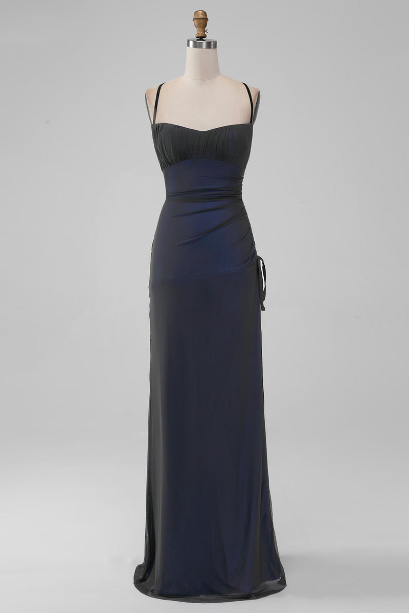 Załaduj obraz do przeglądarki galerii, Prosta Czarne Niebieskie Długa Sukienka Syrena Na Wesele Z Rozcięciem