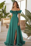 Off The Shoulder Niebieska formalna sukienka A Line z rozcięciem