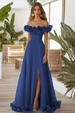 Off The Shoulder Zakurzona Szałwia formalna sukienka A Line z rozcięciem
