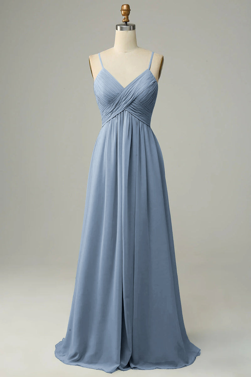Załaduj obraz do przeglądarki galerii, Zakurzony Błękit Szyfonowe Sukienka Dla Swiadkowej Z Rozcięciem