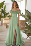 Off The Shoulder Zakurzona Szałwia formalna sukienka A Line z rozcięciem