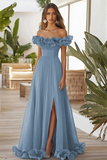 Off The Shoulder Zakurzona Szałwia formalna sukienka A Line z rozcięciem