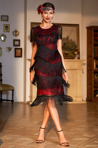 Czarny Czerwony Koralikowa Sukienka Lata 20 Wielki Gatsby Z Frędzlami