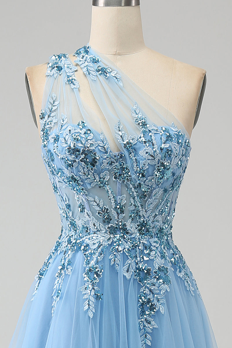 Załaduj obraz do przeglądarki galerii, Jasnoniebieska Cekinowa Sukienki Na Studniówke Na Jedno Ramię Z Aplikacjami