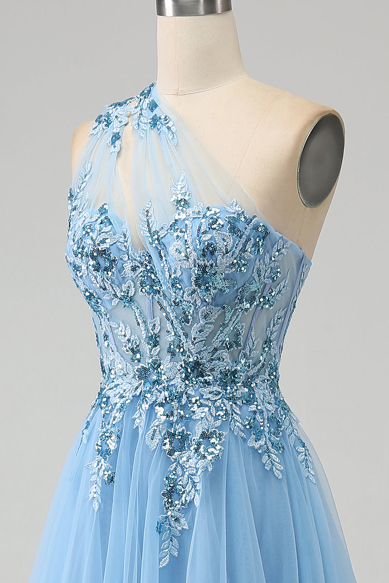 Załaduj obraz do przeglądarki galerii, Jasnoniebieska Cekinowa Sukienki Na Studniówke Na Jedno Ramię Z Aplikacjami
