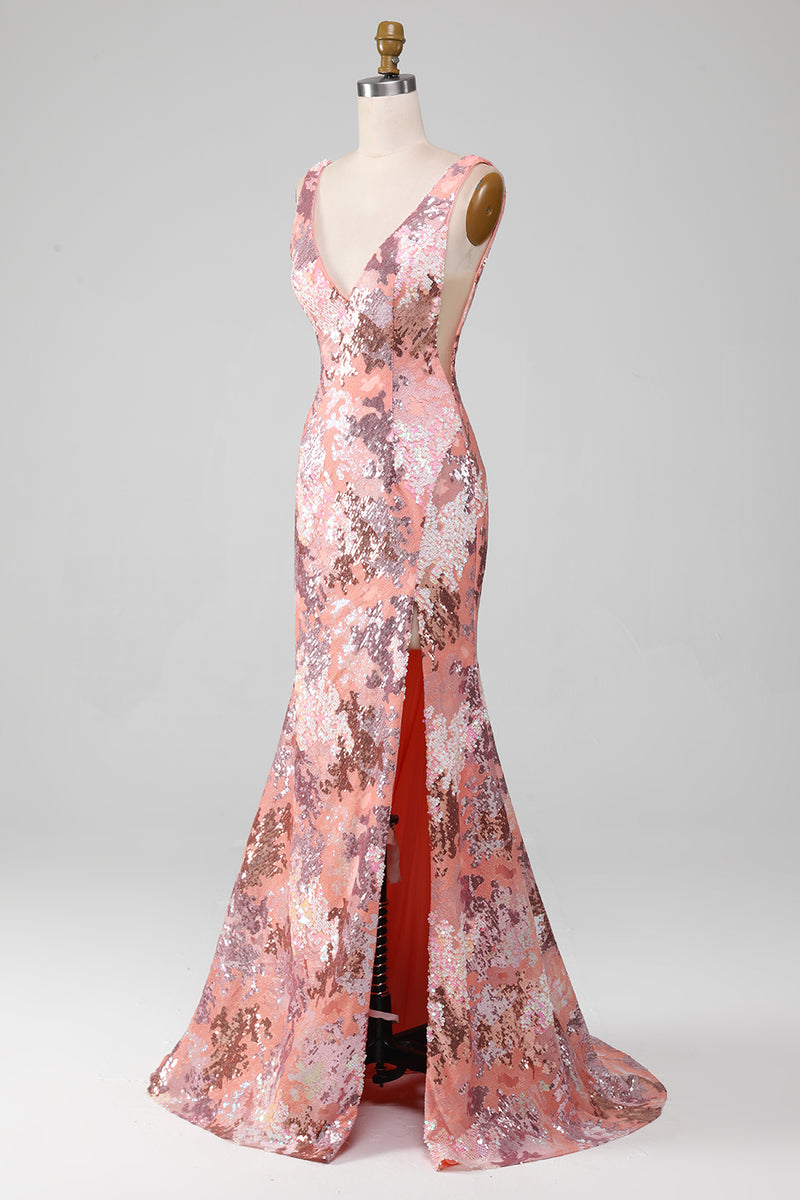 Załaduj obraz do przeglądarki galerii, Różowa Błyszcząca Cekinowa Syrenka Długa Sukienka Na Studniówkę Z Rozcięciem