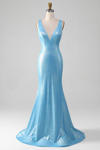 Brokatowa Niebieska Sukienka Na Studniówkę Z Dekoltem W Szpic