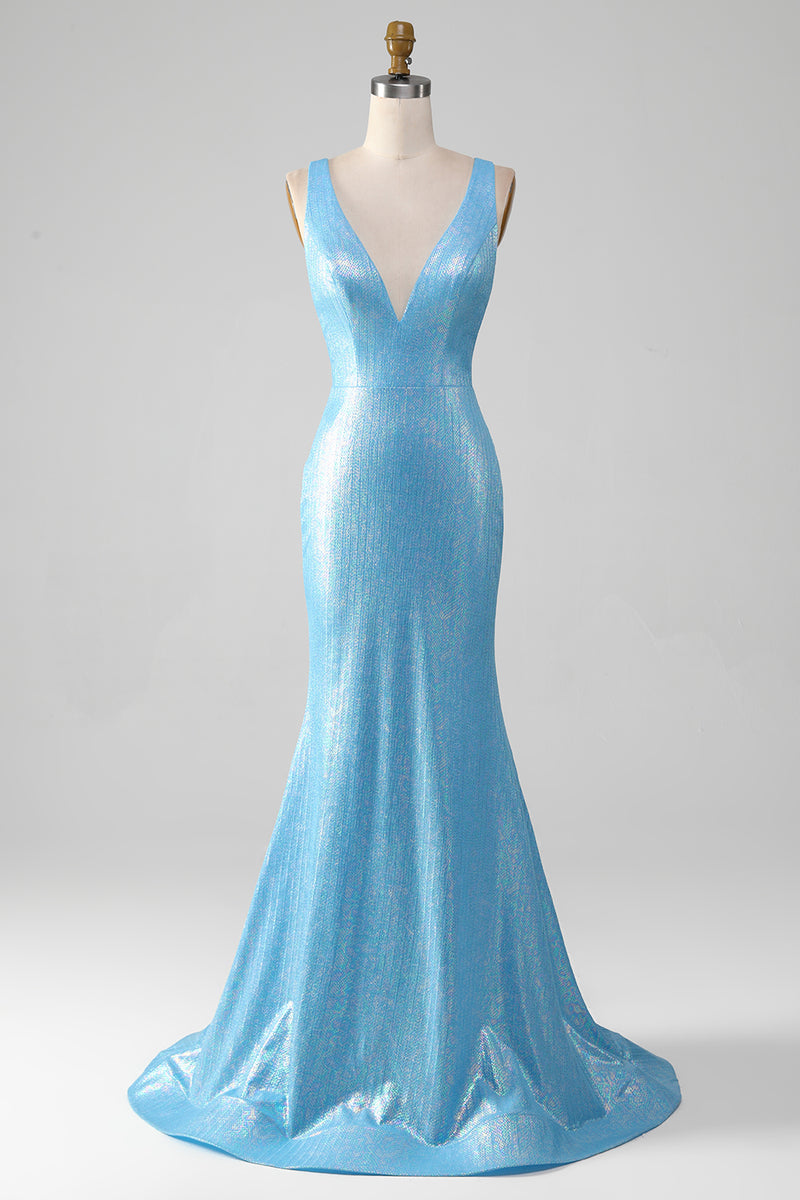 Załaduj obraz do przeglądarki galerii, Brokatowa Niebieska Sukienka Na Studniówkę Z Dekoltem W Szpic