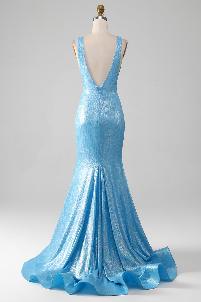 Załaduj obraz do przeglądarki galerii, Brokatowa Niebieska Sukienka Na Studniówkę Z Dekoltem W Szpic