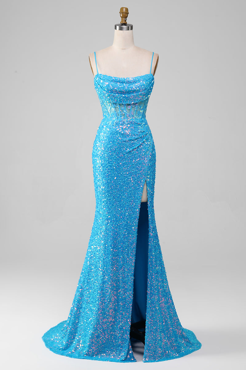 Załaduj obraz do przeglądarki galerii, Cienkich Ramiączkach Niebieska Błyszcząca Gorset Sukienka Na Studniówkę Z Rozcięciem