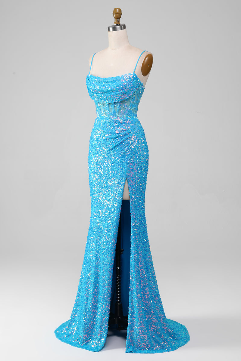 Załaduj obraz do przeglądarki galerii, Cienkich Ramiączkach Niebieska Błyszcząca Gorset Sukienka Na Studniówkę Z Rozcięciem