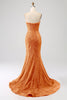 Załaduj obraz do przeglądarki galerii, Pomarańczowa Syrenka Kochanie Zamiasta Tren Sukienka Na Studniówkę Z Cekinami