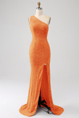 Błyszcząca pomarańczowa syrenka na jedno ramię cekiny sukienka na studniówkę z rozcięciem