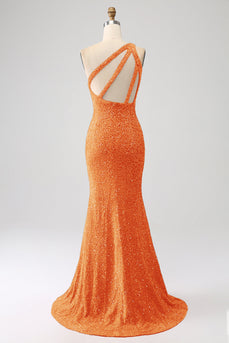 Błyszcząca pomarańczowa syrenka na jedno ramię cekiny sukienka na studniówkę z rozcięciem