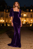 Granatowa Aksamitna Długa Kwadratowy Dekolt Sukienki Wieczorowe z Rękawy