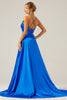 Załaduj obraz do przeglądarki galerii, Królewski Niebieski Cienkich Ramiączkach Sukienka Na Studniówke Z Rozcięciem