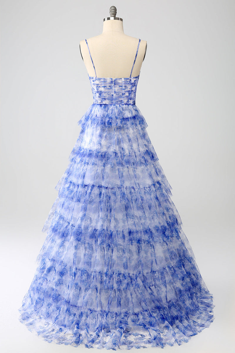Załaduj obraz do przeglądarki galerii, Niebieska Wgłębić Długa Sukienka Na Studniówkę z Falbanami