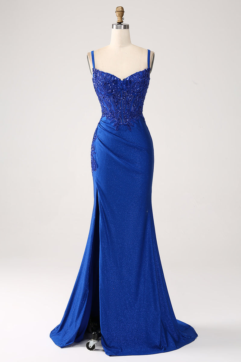 Załaduj obraz do przeglądarki galerii, Królewski Niebieski Błyszcząca Gorsetowa Sukienka Na Studniówkę Z Rozcięciem
