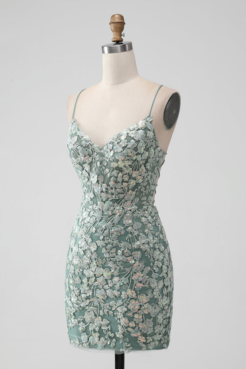 Załaduj obraz do przeglądarki galerii, Błyszcząca Szaro-zielona Cienkich Ramiączkach Sukienki Koktajlowe Z Aplikacjami
