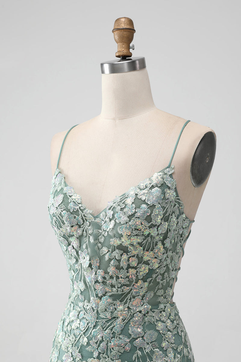 Załaduj obraz do przeglądarki galerii, Błyszcząca Szaro-zielona Cienkich Ramiączkach Sukienki Koktajlowe Z Aplikacjami