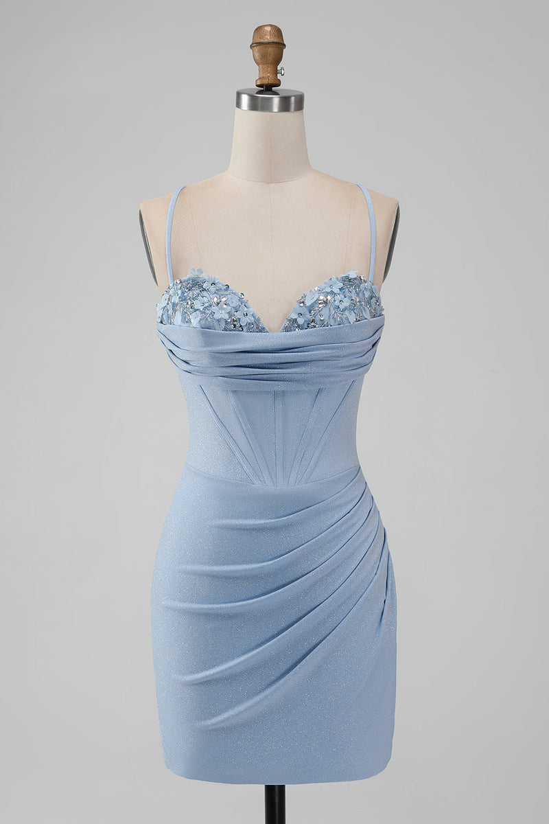 Załaduj obraz do przeglądarki galerii, Jasnoniebieska Cienkich Ramiączkach Gorsetowe Sukienki Koktajlowe