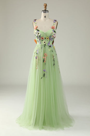 Zielona Cienkich Ramiączkach Tiulowa Sukienka Na Studniówkę z Kwiatami 3D