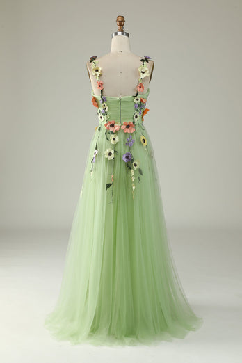 Zielona Cienkich Ramiączkach Tiulowa Sukienka Na Studniówkę z Kwiatami 3D