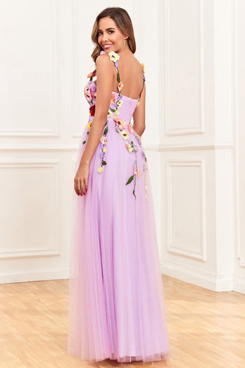 Fioletowa Cienkich Ramiączkach Sukienka Na Studniówkę z Kwiatami 3D