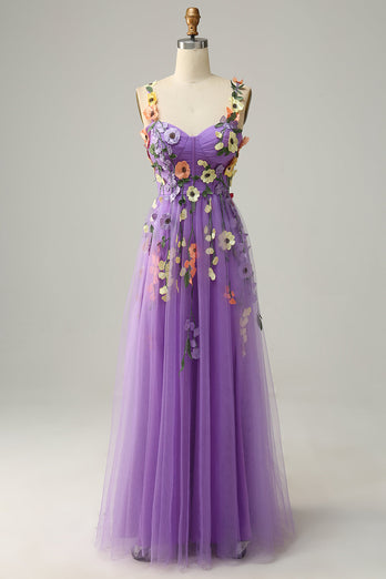 Fioletowa Cienkich Ramiączkach Sukienka Na Studniówkę z Kwiatami 3D
