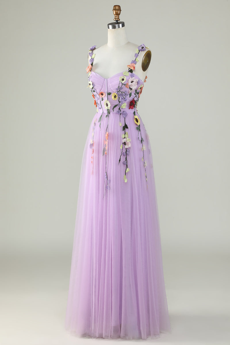 Załaduj obraz do przeglądarki galerii, Fioletowa Cienkich Ramiączkach Sukienka Na Studniówkę z Kwiatami 3D