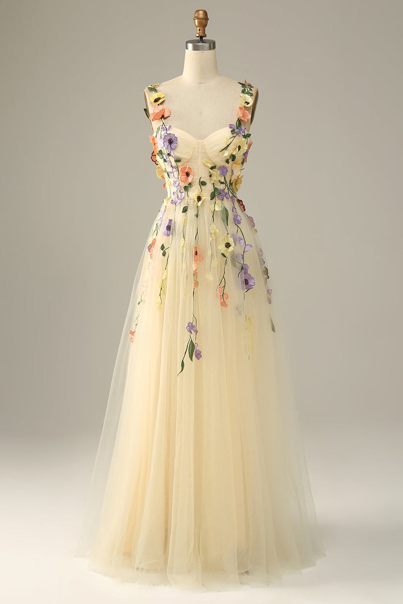 Załaduj obraz do przeglądarki galerii, Szampańskie Cienkich Ramiączkach Tiulowa Sukienka Na Studniówkę z Kwiatami 3D