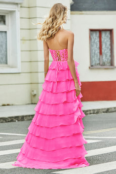 Wspaniała linia A Line Sweetheart Gorset Gorąca różowa sukienka na studniówkę z aplikacjami Falbany