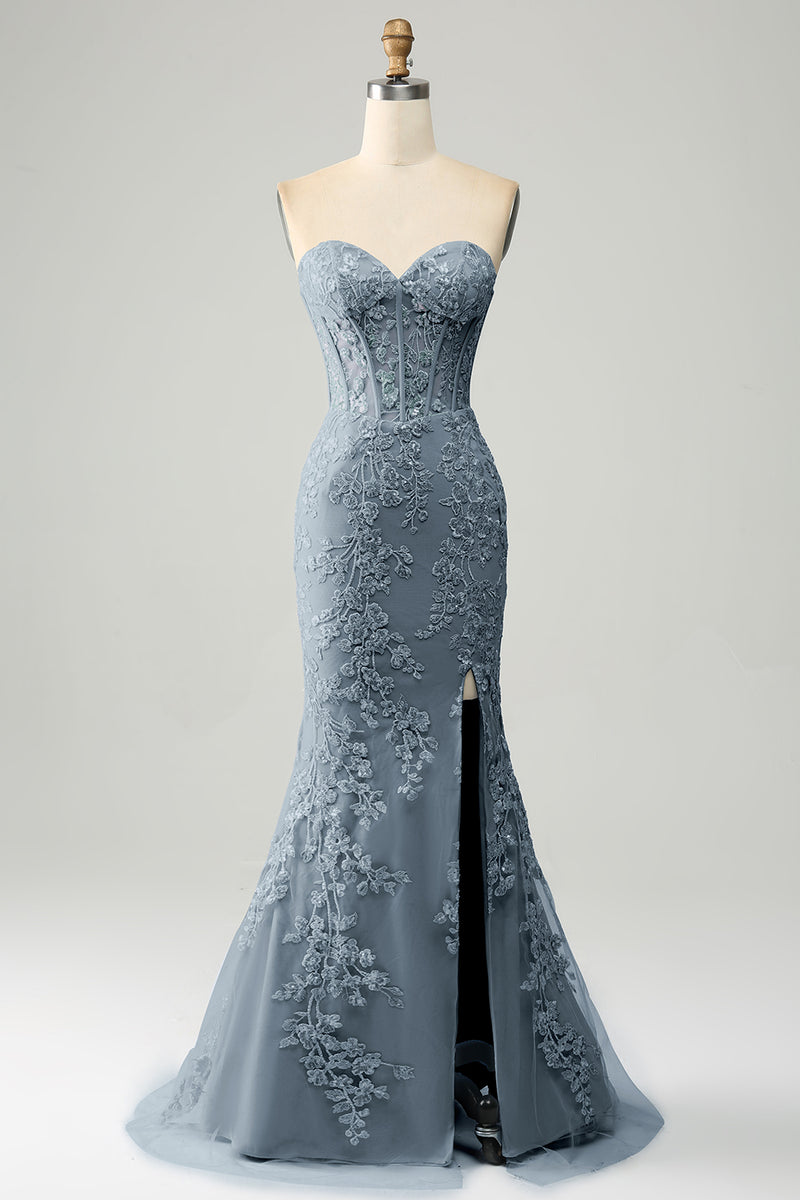 Załaduj obraz do przeglądarki galerii, Jasnoniebieska Gorsetowa Sukienka Syrenka Na Studniówkę Z Aplikacjami