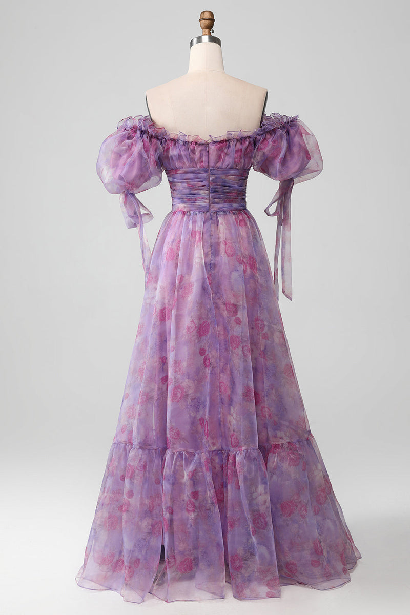 Załaduj obraz do przeglądarki galerii, Fioletowa Sznurowana Długa Sukienka Na Studniówkę Z Bufiastymi Rękawami