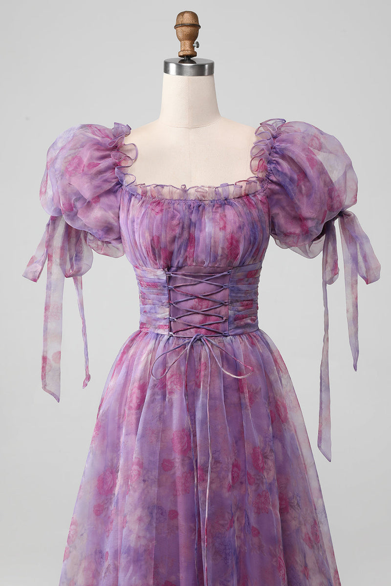 Załaduj obraz do przeglądarki galerii, Fioletowa Sznurowana Długa Sukienka Na Studniówkę Z Bufiastymi Rękawami