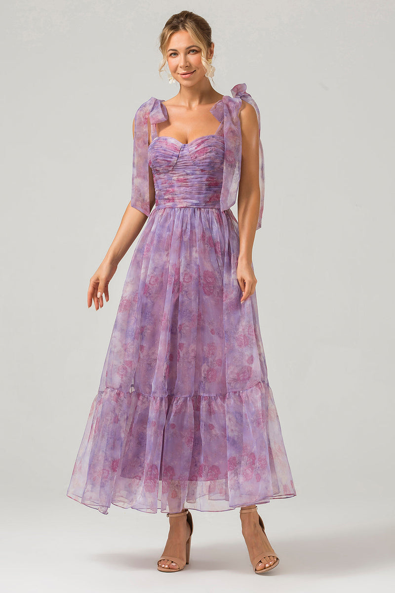 Załaduj obraz do przeglądarki galerii, Fioletowa Plisowana Sukienka Na Studniówkę w Kwiaty