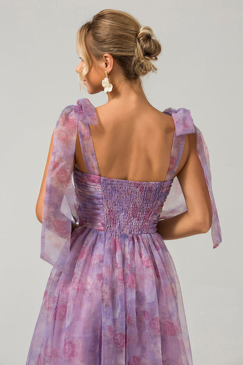 Załaduj obraz do przeglądarki galerii, Fioletowa Plisowana Sukienka Na Studniówkę w Kwiaty