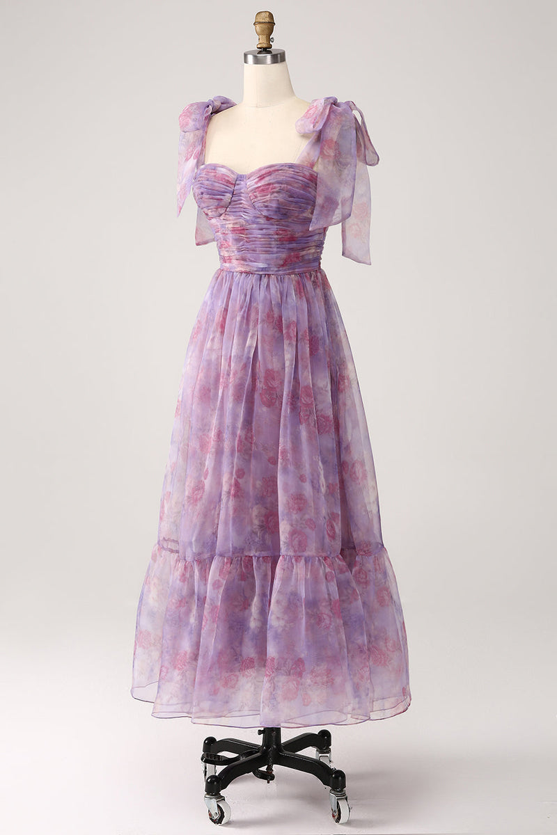 Załaduj obraz do przeglądarki galerii, Fioletowa Marszczony Długa Sukienki Na Wesele w Kwiaty