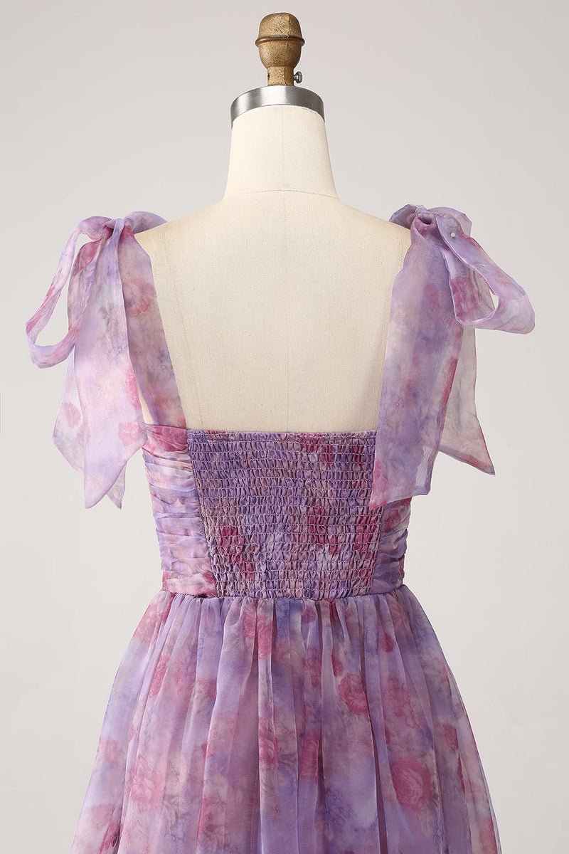 Załaduj obraz do przeglądarki galerii, Fioletowa Marszczony Długa Sukienki Na Wesele w Kwiaty