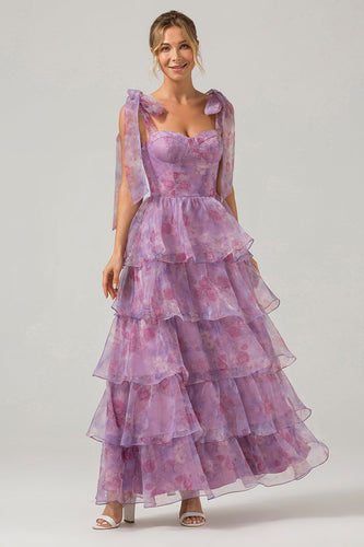 Fioletowa Długa Sukienka Na Studniówkę z Falbanami w Kwiaty