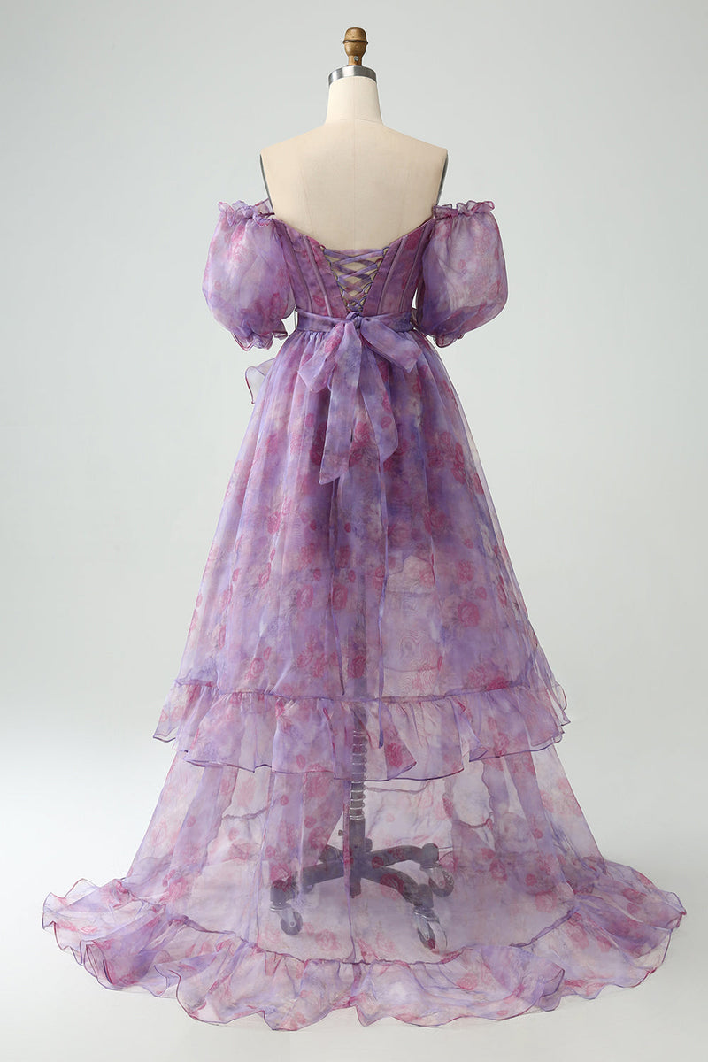 Załaduj obraz do przeglądarki galerii, Fioletowa Gorsetowa Sukienki Na Studniówke Z Rozcięciem I Krótki Rękaw