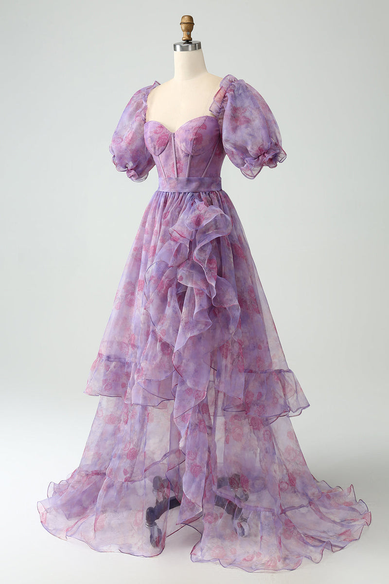 Załaduj obraz do przeglądarki galerii, Fioletowa Gorsetowa Sukienki Na Studniówke Z Rozcięciem I Krótki Rękaw