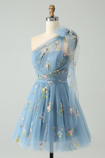 Szaro-Niebieska Tiulowa Sukienki Koktajlowe Z Kwiatowym Haftem